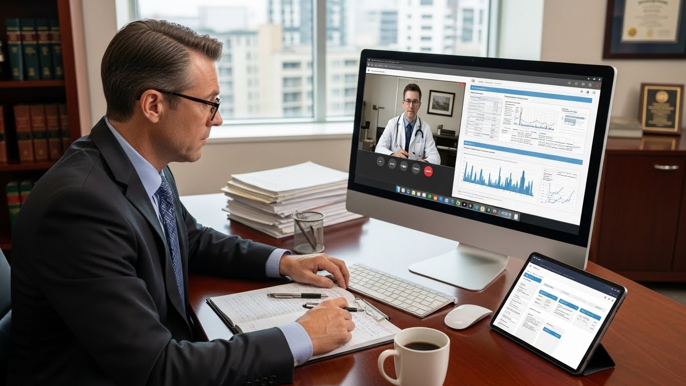 Attorney reviewing telemedicine evidence for personal injury case
