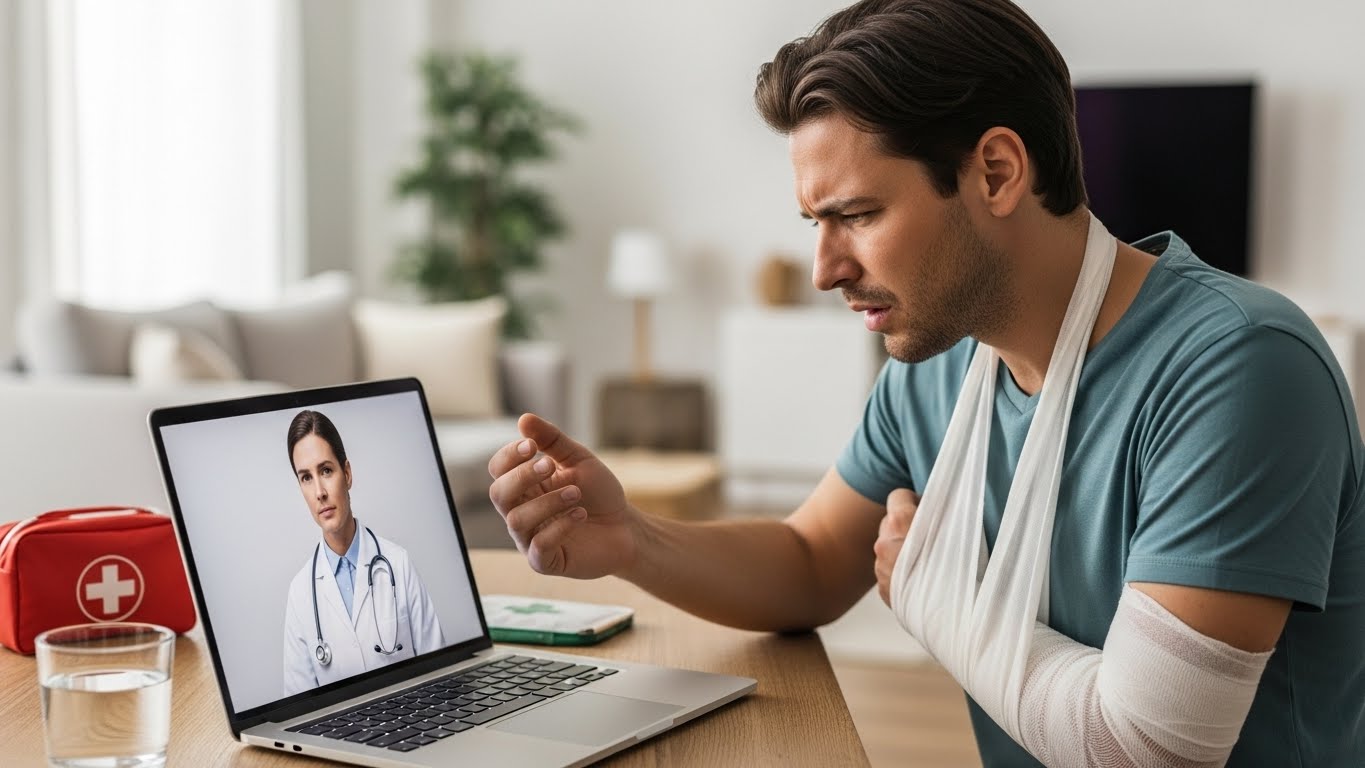 Injured person having virtual medical consultation via laptop