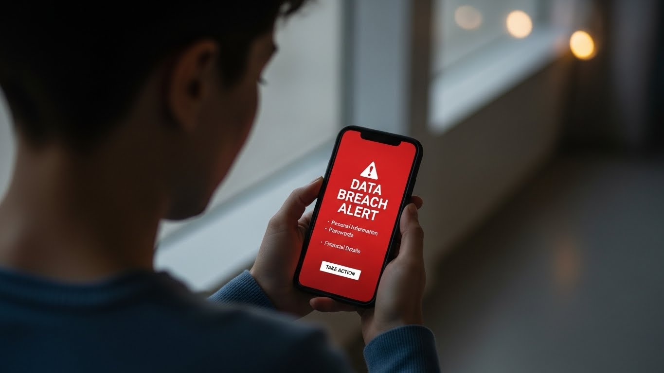 User reading data breach warning message on device