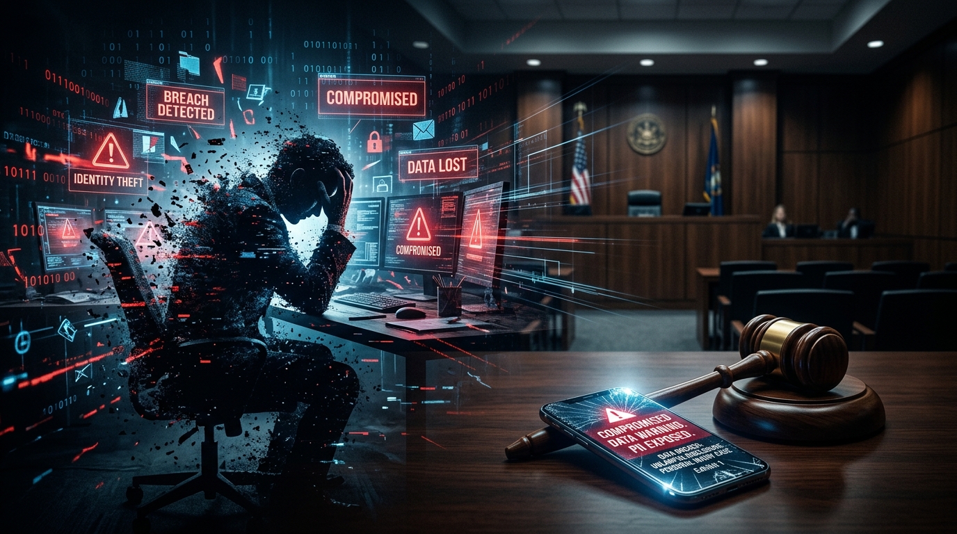 A conceptual composite image bridging a cybersecurity data breach with a courtroom trial. On the left, a silhouette of a distressed person sits at a desk surrounded by computer monitors displaying glowing red warnings like 'BREACH DETECTED', 'IDENTITY THEFT', and 'COMPROMISED' amidst digital pixel degradation and binary code. On the right, this scene transitions into a wood-paneled courtroom with empty spectator seats, a judicial bench, and flags. In the foreground on a wooden table sits a judge's gavel next to a smartphone displaying a red warning screen that reads 'COMPROMISED DATA WARNING: PII EXPOSED'.