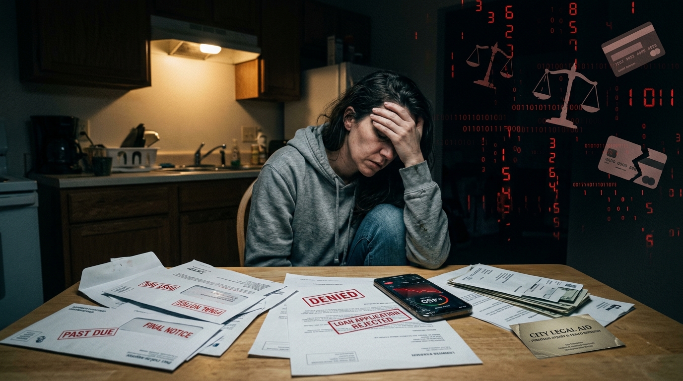 A distressed woman in a grey hoodie sits at a wooden kitchen table with her head in her hand, overwhelmed by financial papers spread out before her. The documents bear red stamps reading 'PAST DUE', 'FINAL NOTICE', 'DENIED', and 'LOAN APPLICATION REJECTED'. On the table rests a smartphone showing a low credit score graphic and a business card for 'City Legal Aid'. The background fades into a dark digital overlay showing streaming red binary numbers, broken credit card symbols, and legal scales of justice.