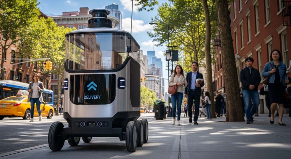 A silver and black autonomous delivery robot with a blue arrow logo navigating a busy city sidewalk alongside pedestrians.