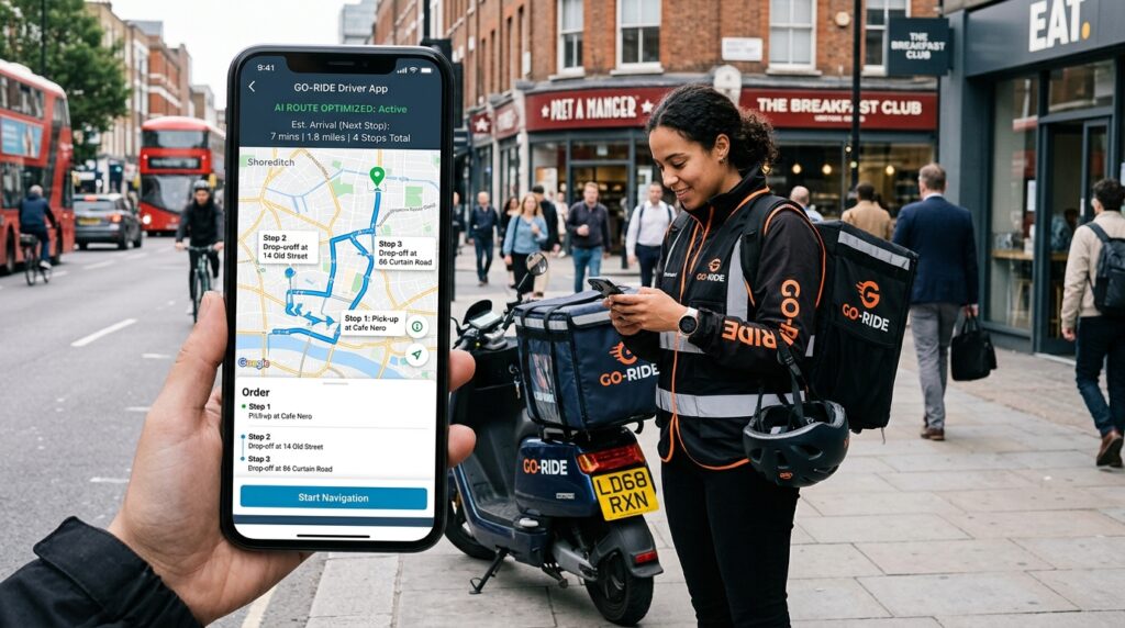 gig worker checking app with AI-generated route