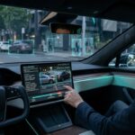 Driver reviewing AI dashcam footage after a car accident on an urban road