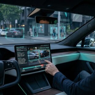 Driver reviewing AI dashcam footage after a car accident on an urban road
