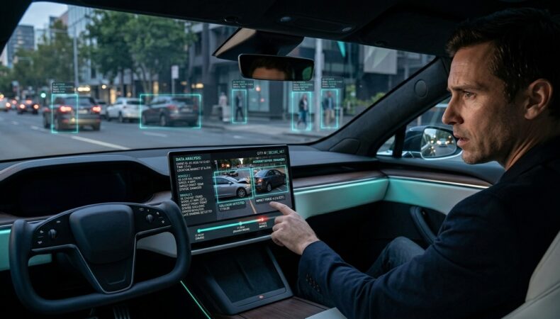 Driver reviewing AI dashcam footage after a car accident on an urban road