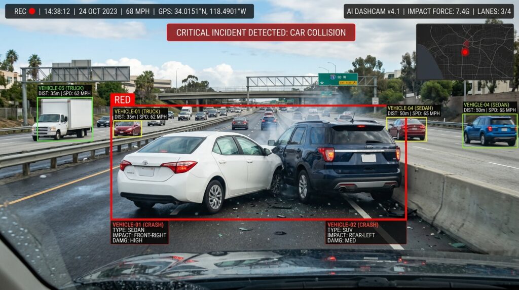 AI dashcam detecting collision and analyzing traffic conditions