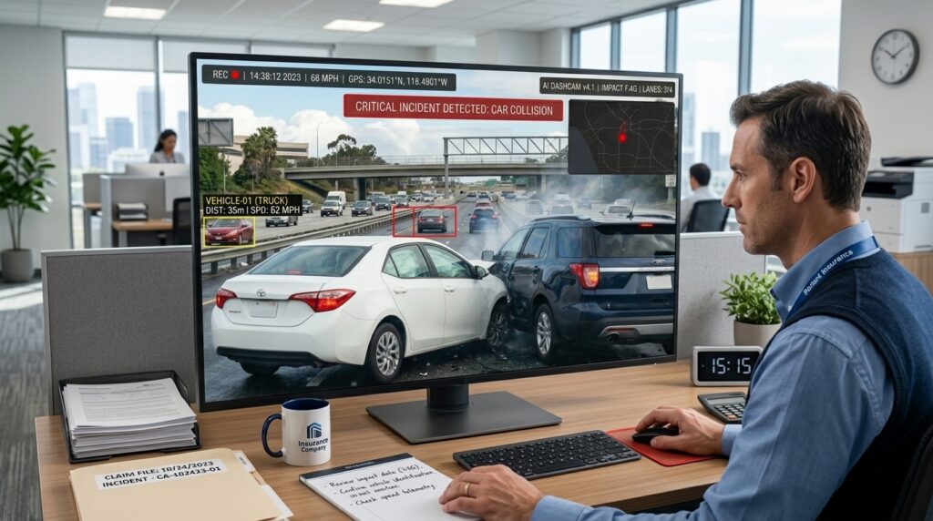 Insurance adjuster reviewing dashcam video evidence on a computer