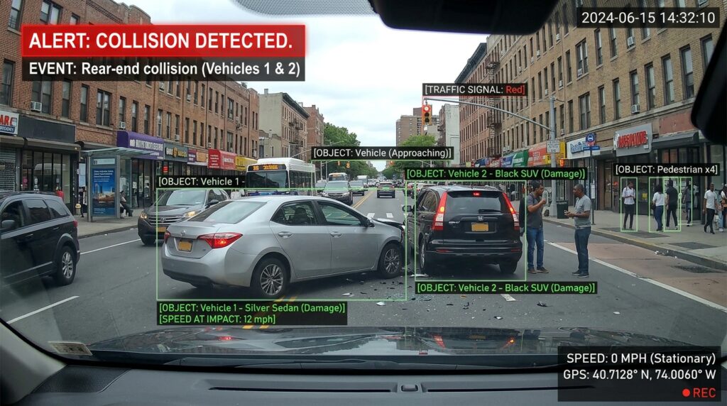 Car accident scene captured by smart dashcam with real-time alerts