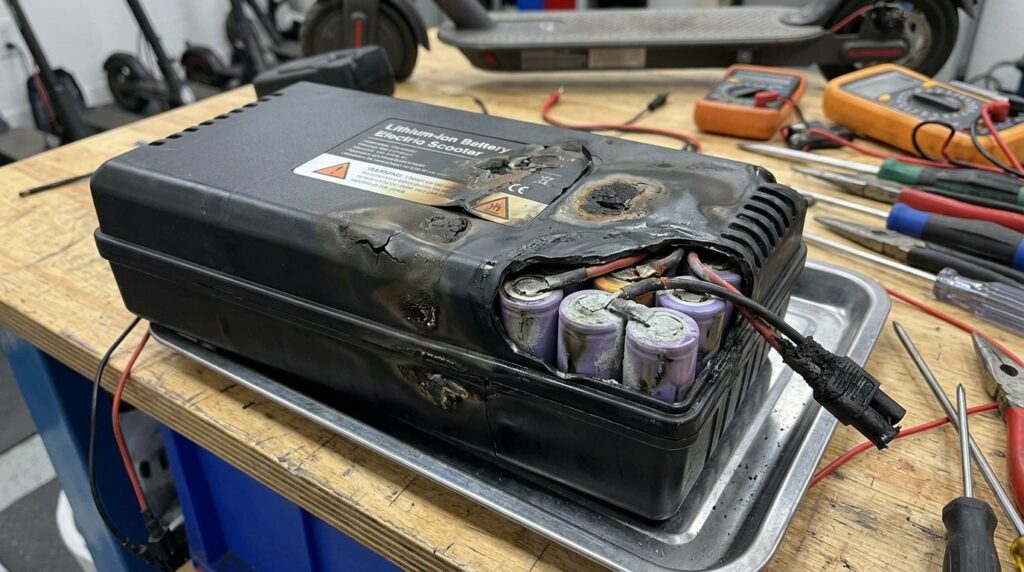 A close-up view of a black electric scooter battery pack on a metal tray, showing a melted outer casing that reveals scorched internal cells and burnt wiring on a workbench.