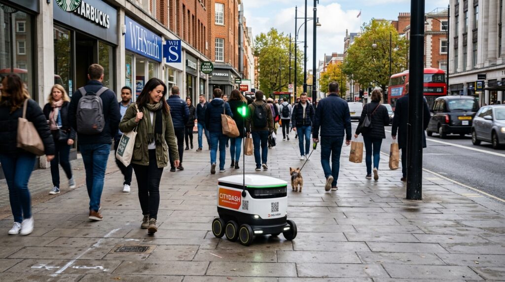 An autonomous delivery robot with a green signal light moving along a busy city sidewalk filled with walking pedestrians and storefronts.