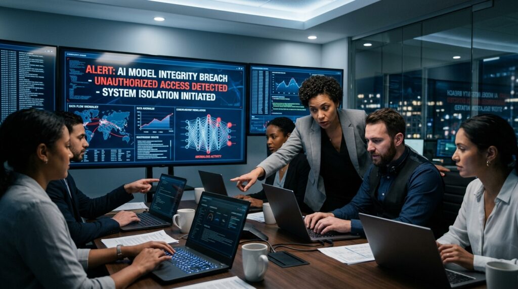 Corporate cybersecurity team responding to AI breach incident