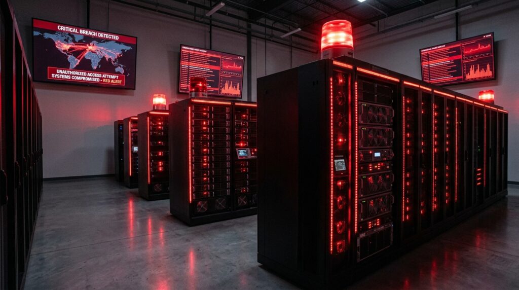 AI servers under cyberattack with red alert signals