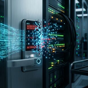 AI system causing cybersecurity breach with digital lock breaking apart