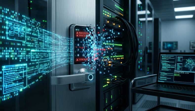 AI system causing cybersecurity breach with digital lock breaking apart