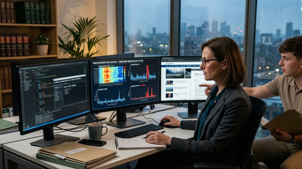 Lawyer analyzing AI data breach evidence on computer screens